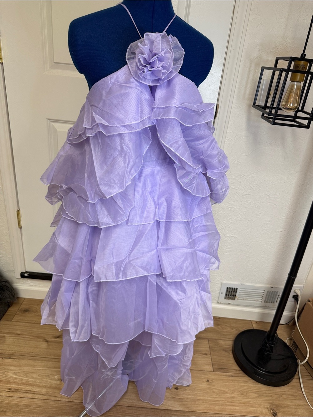 Backless Lilac Ruffle Halter Dress with Floral Neck Accent